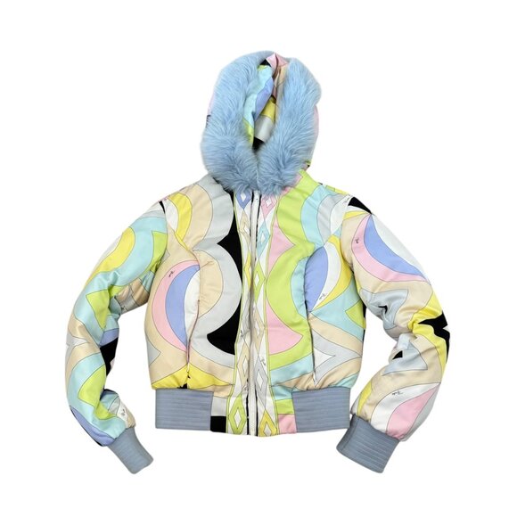 Vintage Iconic classic Emillio Pucci Fox fur Bomber jacket puffer blue print S 6 - Picture 5 of 14